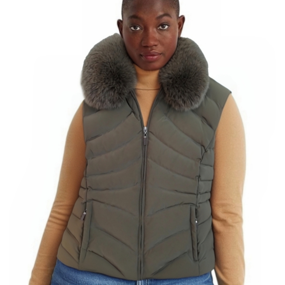 Wilsons Leather Olive Down Puffer Vest w/ Removable Fox Fur Collar